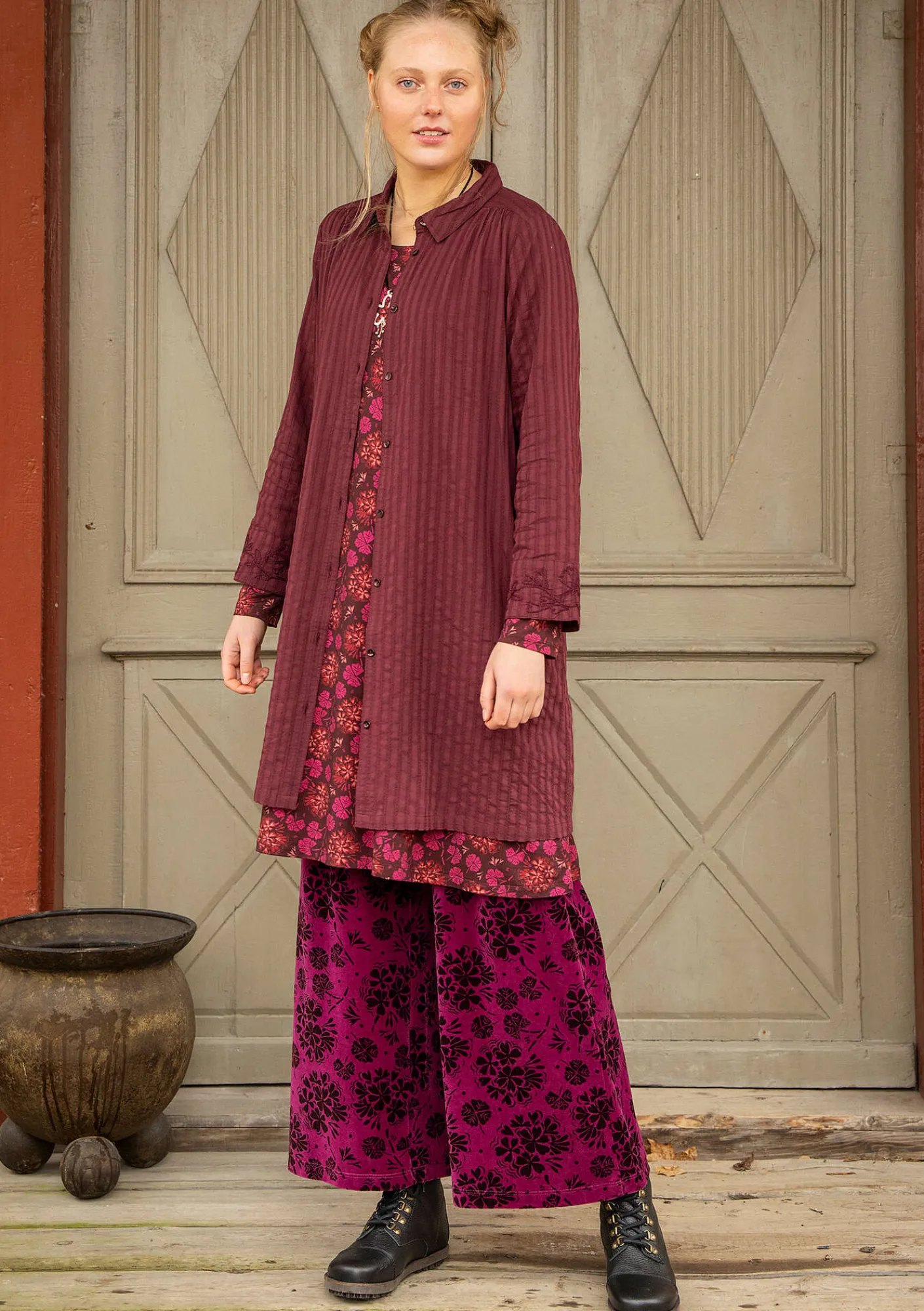 Gudrun Sjödén Pullover & Shirts|Kleider>Hemdblusenkleid „Värmland“ aus Bio-Baumwollgewebe Aubergine