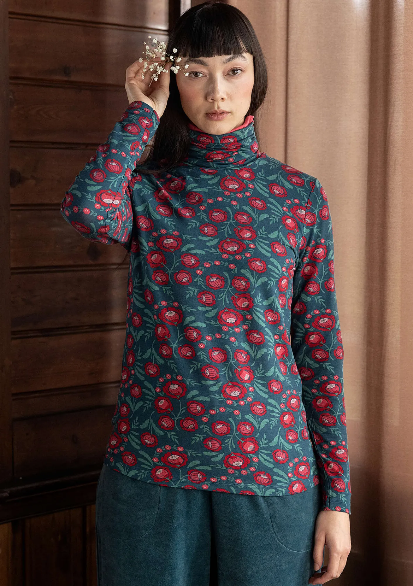 Gudrun Sjödén Pullover & Shirts>Jersey-Rollkragenshirt „Dagny“ aus Lyocell/Elasthan Indigogrün