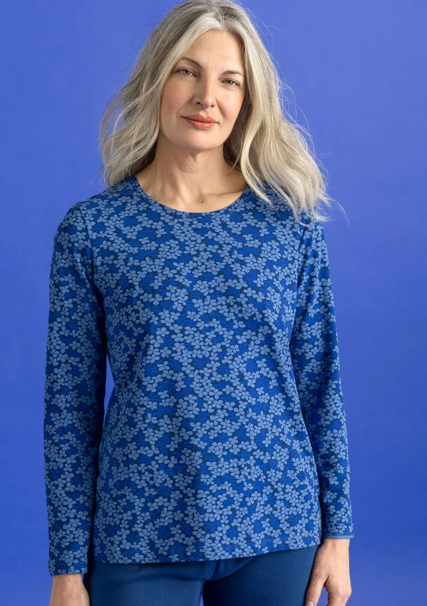 Gudrun Sjödén Pullover & Shirts>Jerseyshirt „Ylva“ aus Bio-Baumwolle/Elasthan Leinenblau-gemustert
