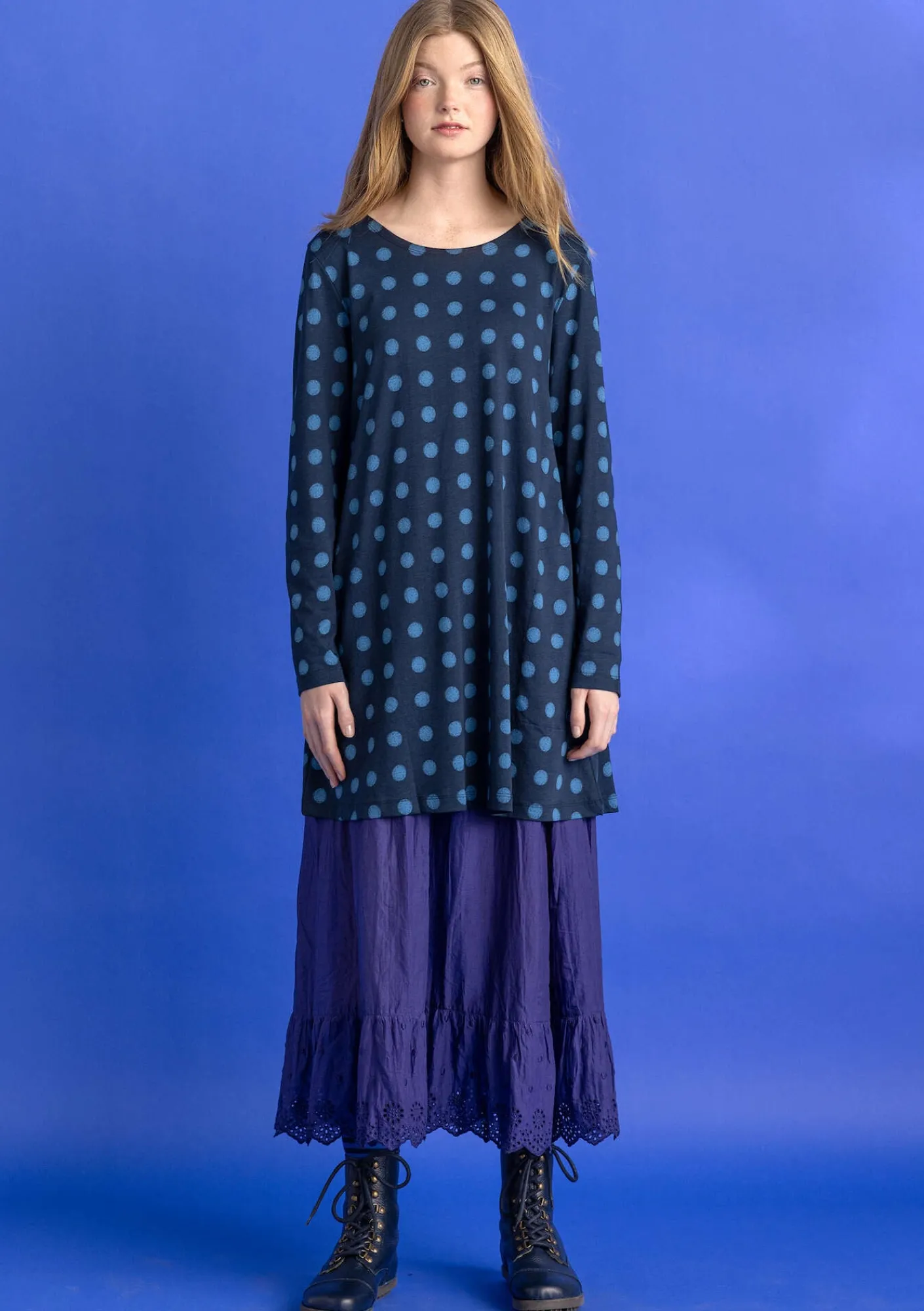 Gudrun Sjödén Tuniken>Jerseytunika „Tyra“ aus Bio-Baumwolle/Modal Dunkelindigo-gemustert