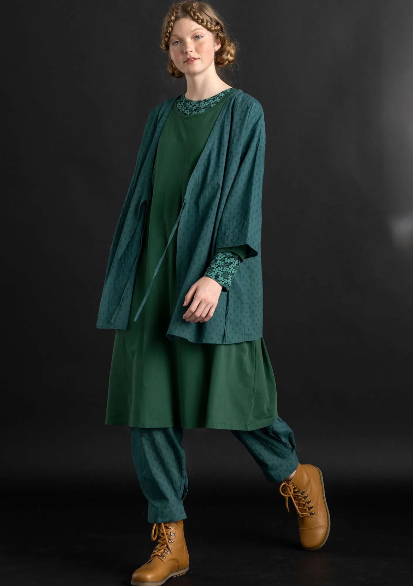 Gudrun Sjödén Blusen>Kimono aus Bio-Baumwolldobby Opalgrün