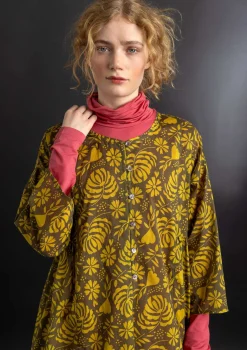 Gudrun Sjödén Kleider>Kleid „Hedda“ aus Bio-Baumwollgewebe Dunkelolive-gemustert