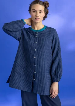 Gudrun Sjödén Blusen>Künstlerbluse „Asta“ aus Leinengewebe Indigo-gestreift