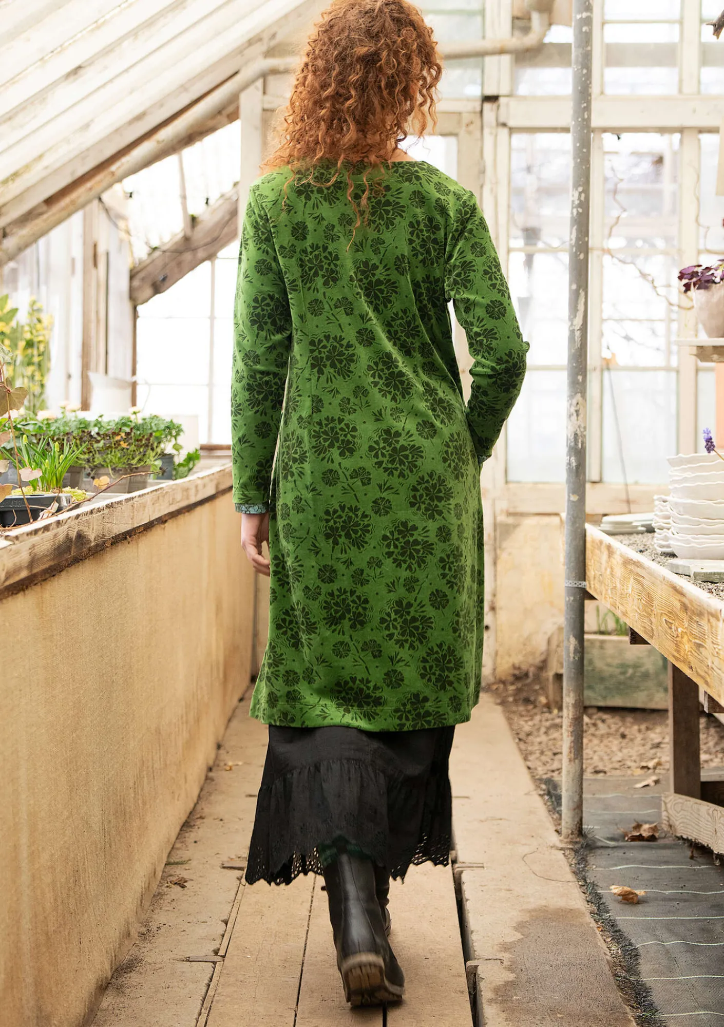 Gudrun Sjödén Kleider>Velourskleid „Selma“ aus Bio-Baumwolle/Recycling-Polyester Grasgrün