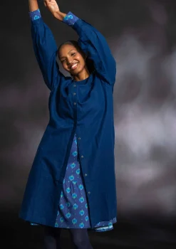 Gudrun Sjödén Kleider>Webkleid aus Bio-Baumwolle/Leinen Indigoblau